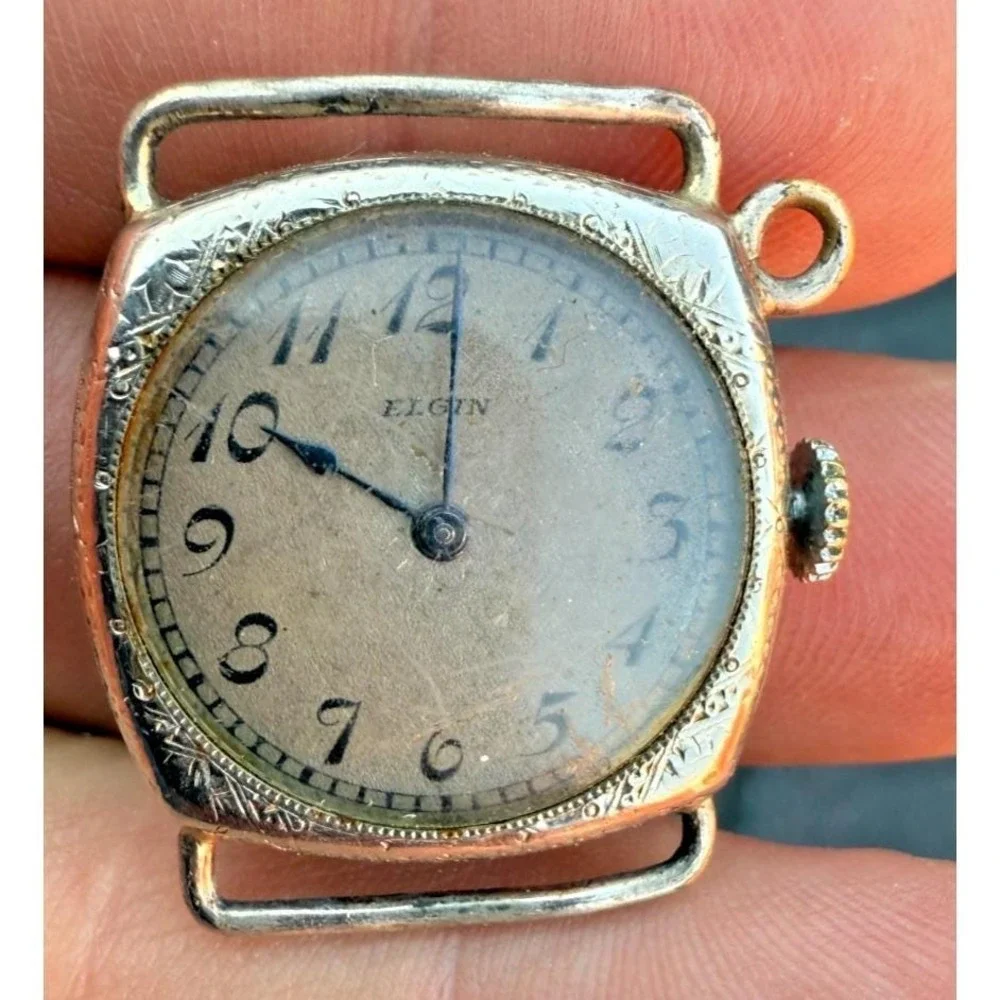 1921 Elgin 15 Jewel Cushion Case Wadsworth 14K GF Running WWI Era ΠΒΦ